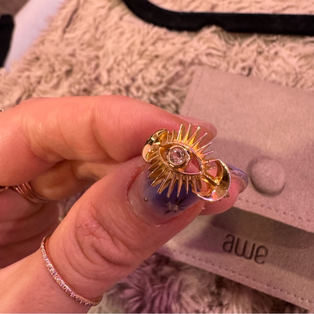 AWE INSPIRED 14K Gold Vermeil Celestial Evil Eye Sun White Topaz Bohemian Ring 4 - Picture 6 of 9